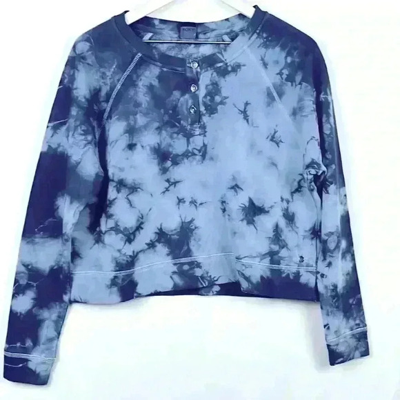 Roxy Womens Sweatshirt Blue S Crop Long Sleeves 3 Button Closure Crew Pullover - Picture 1 of 11